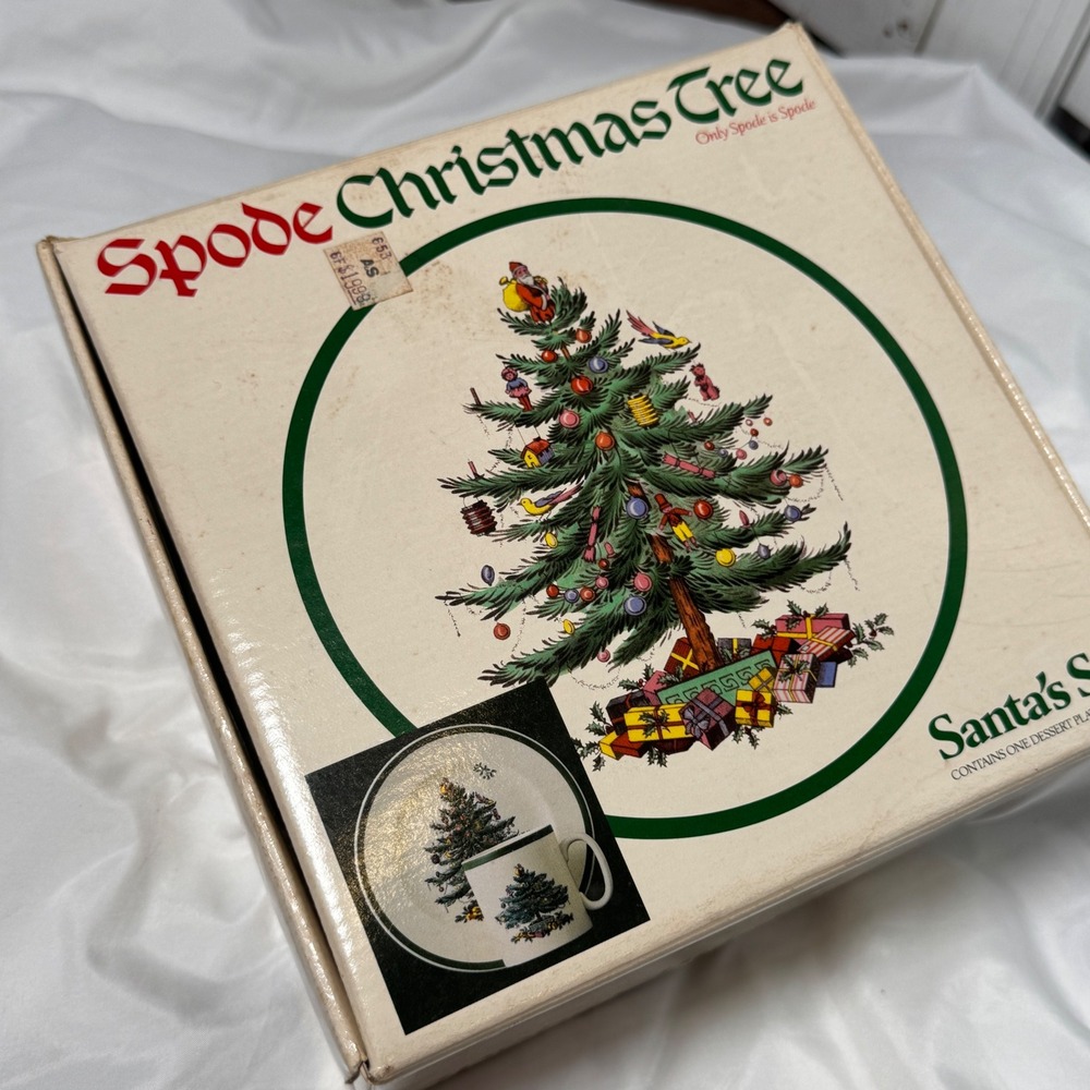 Vtg Spode Christmas Tree Santas Set Dessert Plate Mug England S3324-K Damage